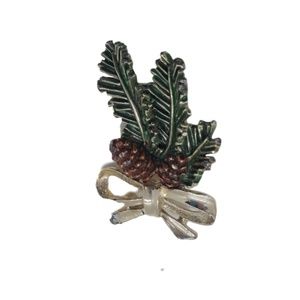 Vintage Holiday Brooch Pin with Pine and Ribbon